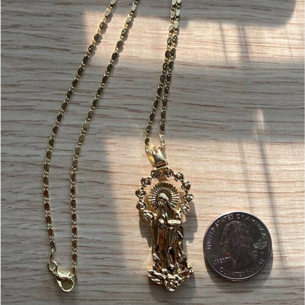 14k Gold Plated Womens Mens Link Chain And Virgin Mary Pendant Necklace 18” - Picture 9 of 16